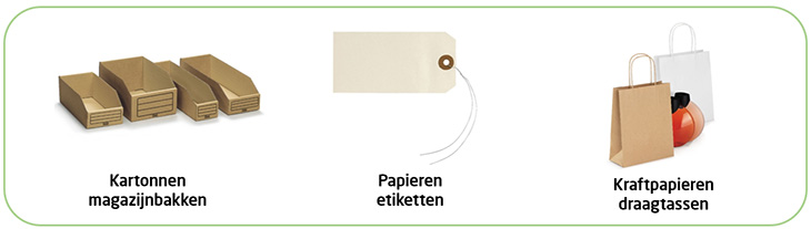 Werk milieuvriendelijk met onze magazijnbakken, hanglabels en draagtassen uit kraftpapier. 