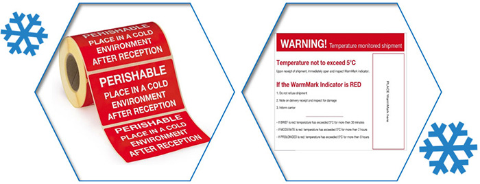 Etiketten met waarschuwingsboodschap en labels voor temperatuurindicatoren.