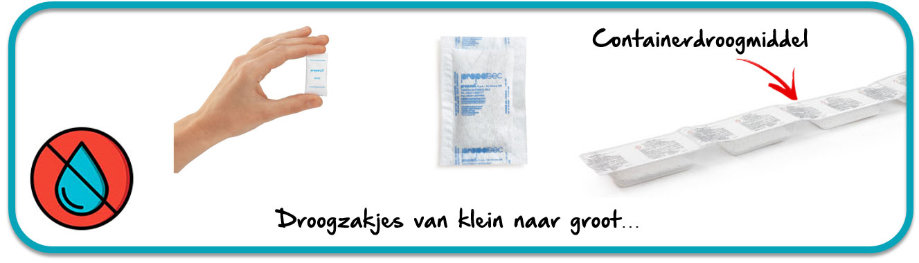 Droogzakjes met silicagel en klei van klein naar groot