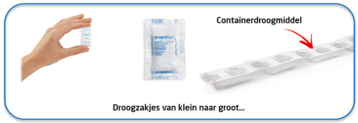 Droogzakjes met silicagel en klei van klein naar groot
