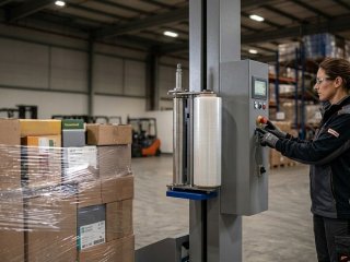 Vrouw bedient palletwikkelaar in magazijn