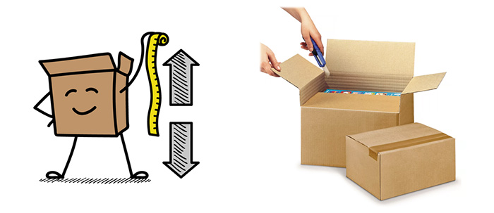 Cartoon meet een doos met variabele hoogte waarmee je lucht in verpakkingen kan vermijden