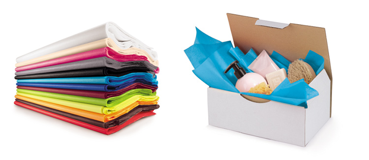 Gekleurd zijdepapier voor de afwerking van cadeaus binnenin een doos
