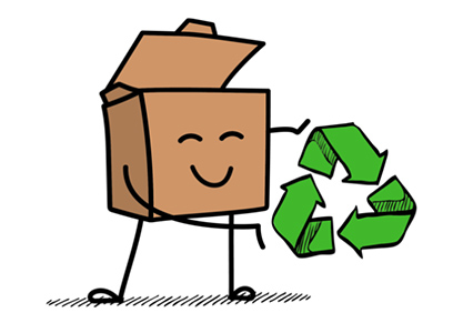 Cartoon van kartonnen doos die een recycle logo vasthoudt