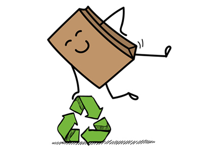 cartoon van papieren zakje dat balanceert op het logo van recyclen