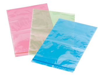Voorbeelden van gekleurde zakjes in rood, groen en blauw
