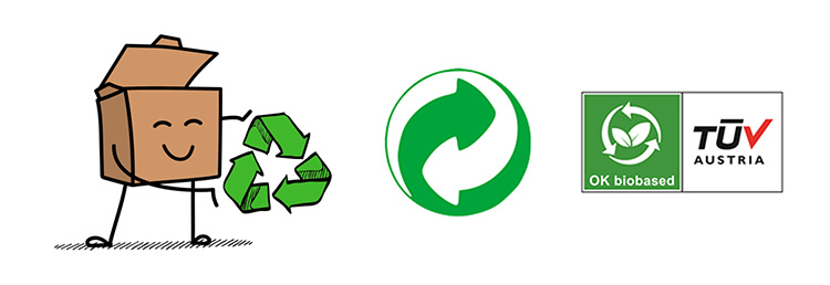 Cartoon van een kartonnen doos met het logo van recyclebare producten