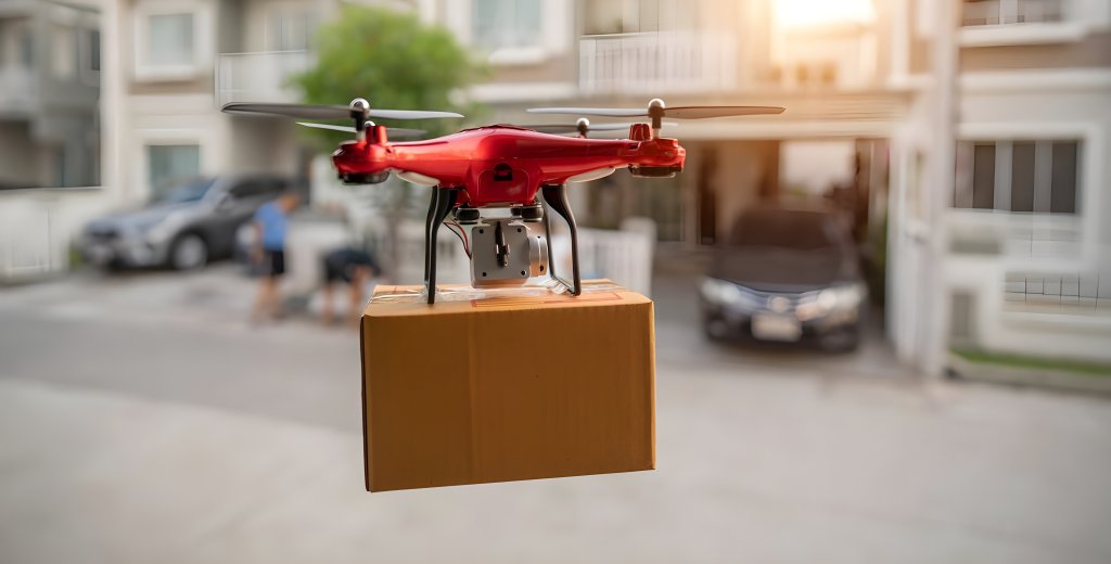 Rode drone vervoert pakketje in de straten