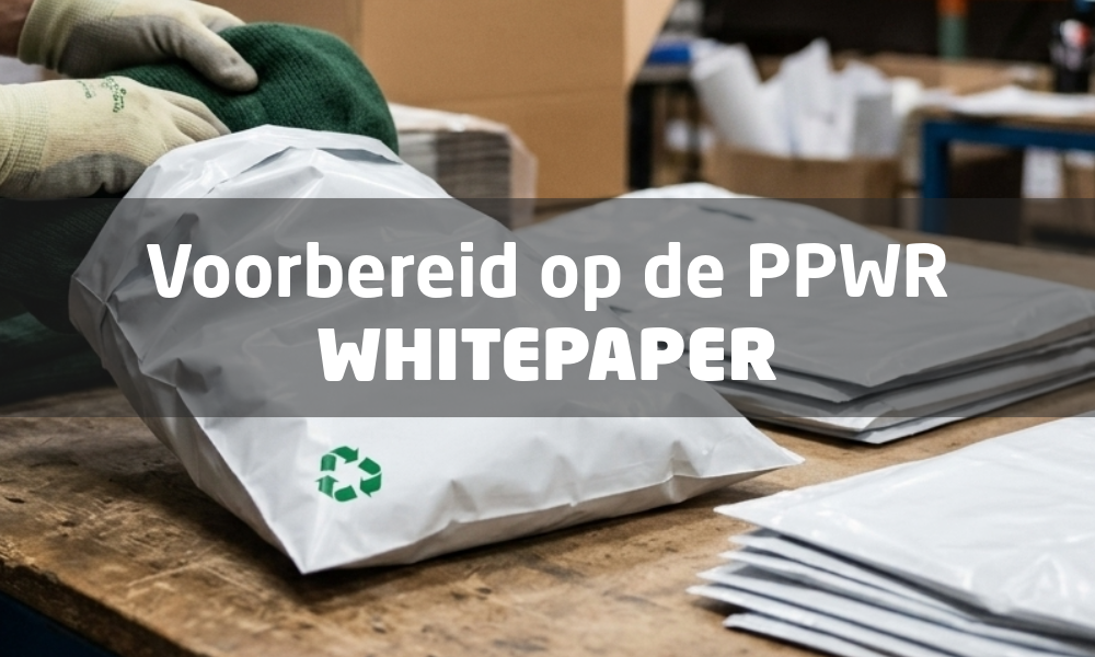 Plastic verzendzakken met recyclage logo liggen op tafel