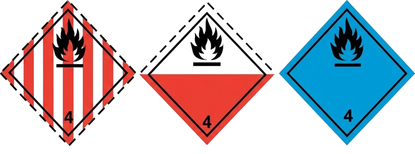 Rood-wit gestreept, rood-wit en blauw gevarenetiket klasse 4